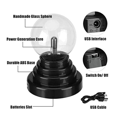 DQTYE Plasma Ball 3 Inch Touch Sensitive Lightning Effects Globe Portable USB/Battery Plasma Lamp for Home Office Party Decoration